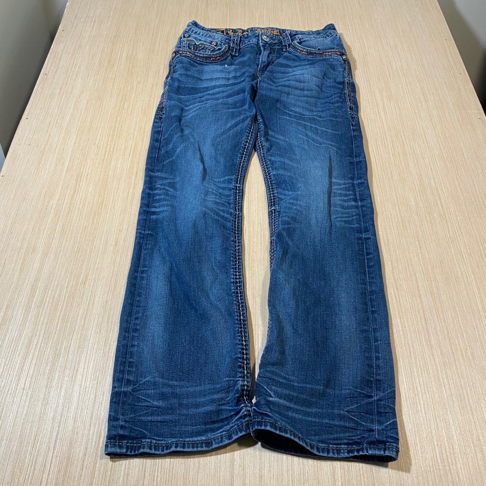 Rock Revival Goncalo Bootcut Jeans Blue Distressed Heavy Stitch Womens 31